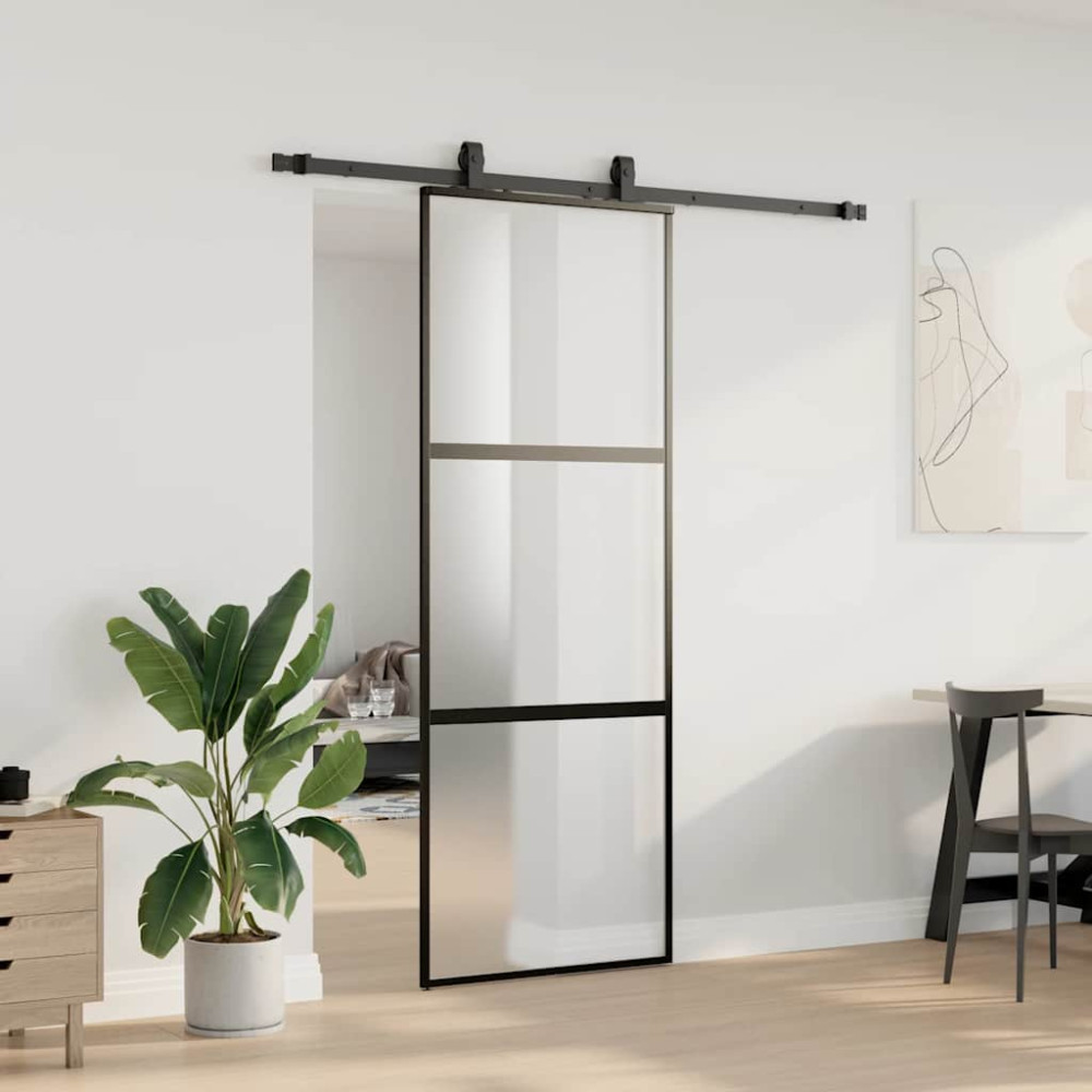 Produktbild för Skjutdörr med beslag svart 76x205 cm härdat glas
