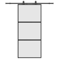 Produktbild för Skjutdörr med beslagssats svart 90x205 cm härdat glas