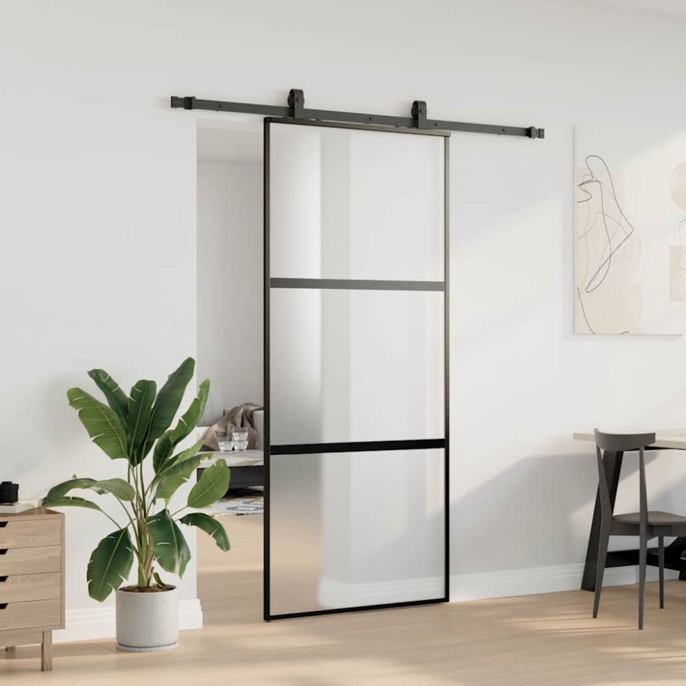 Produktbild för Skjutdörr med beslagssats svart 90x205 cm härdat glas