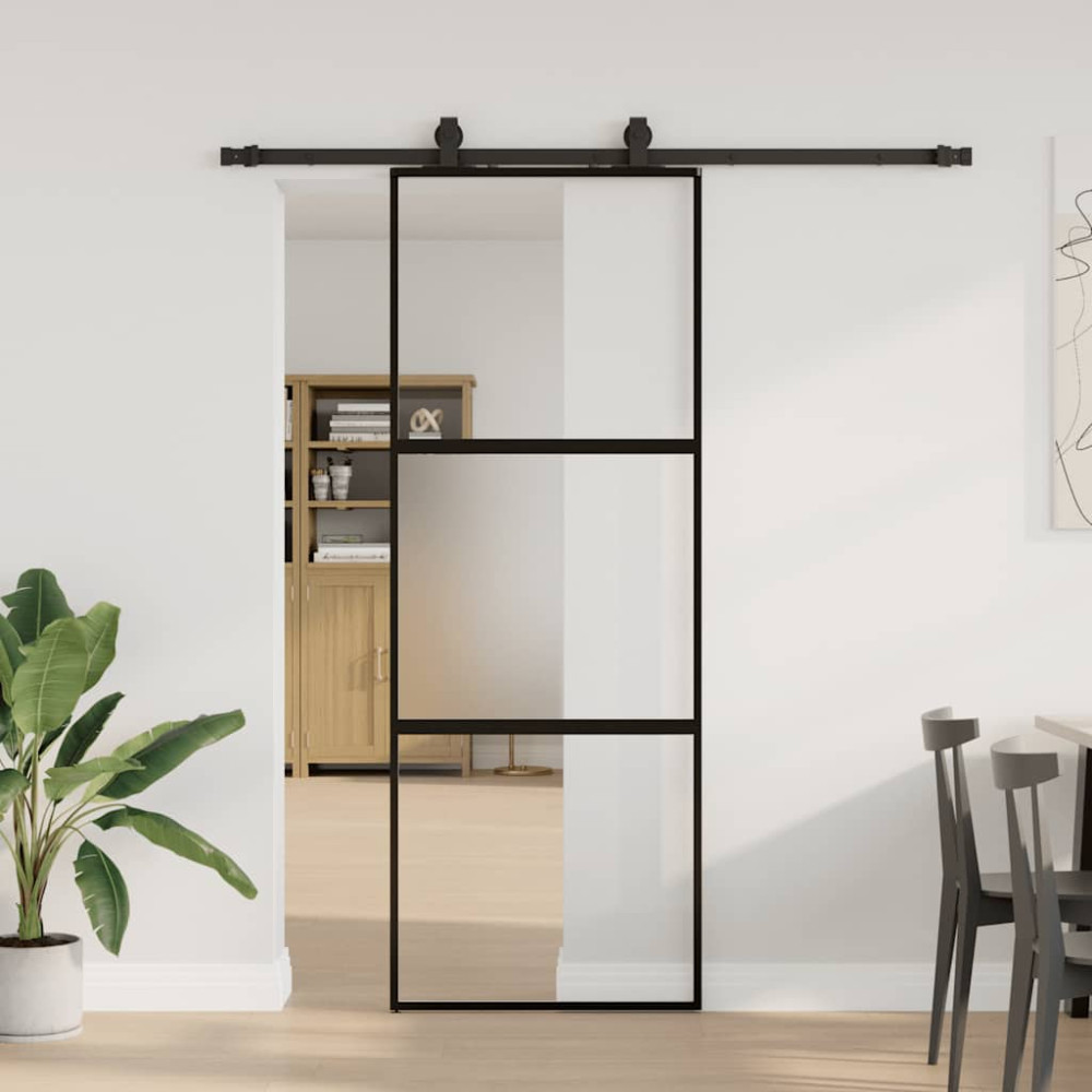 Produktbild för Skjutdörr med beslag svart 76x205 cm härdat glas