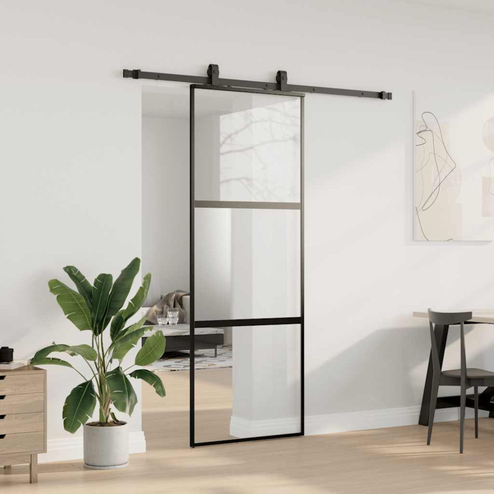 Produktbild för Skjutdörr med beslag svart 76x205 cm härdat glas