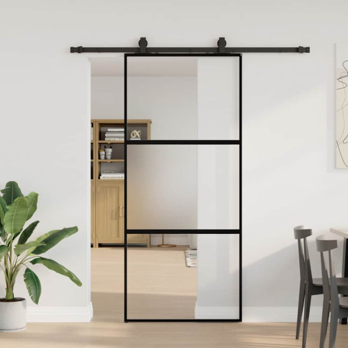 vidaXL Skjutdörr med beslagssats svart 90x205 cm härdat glas