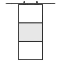 Produktbild för Skjutdörr med beslagssats svart 90x205 cm härdat glas