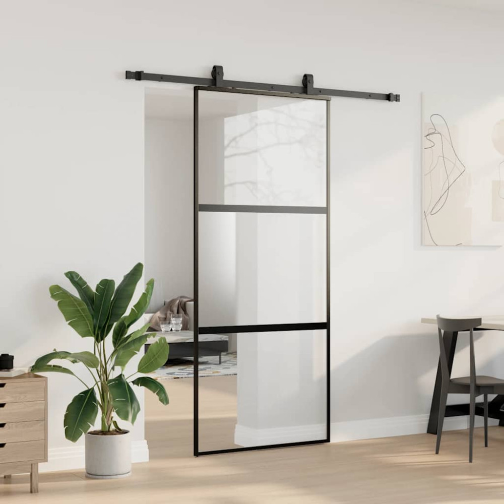 Produktbild för Skjutdörr med beslagssats svart 90x205 cm härdat glas