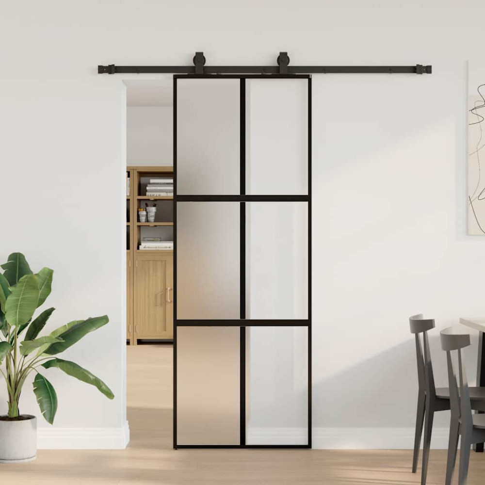 Produktbild för Skjutdörr med beslag svart 76x205 cm härdat glas