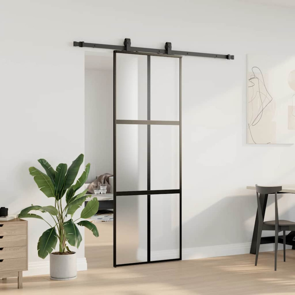 Produktbild för Skjutdörr med beslag svart 76x205 cm härdat glas