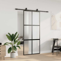 Produktbild för Skjutdörr med beslagssats svart 90x205 cm härdat glas