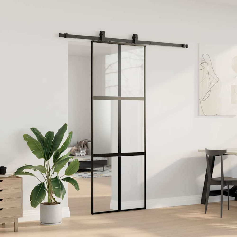 Produktbild för Skjutdörr med beslag svart 76x205 cm härdat glas