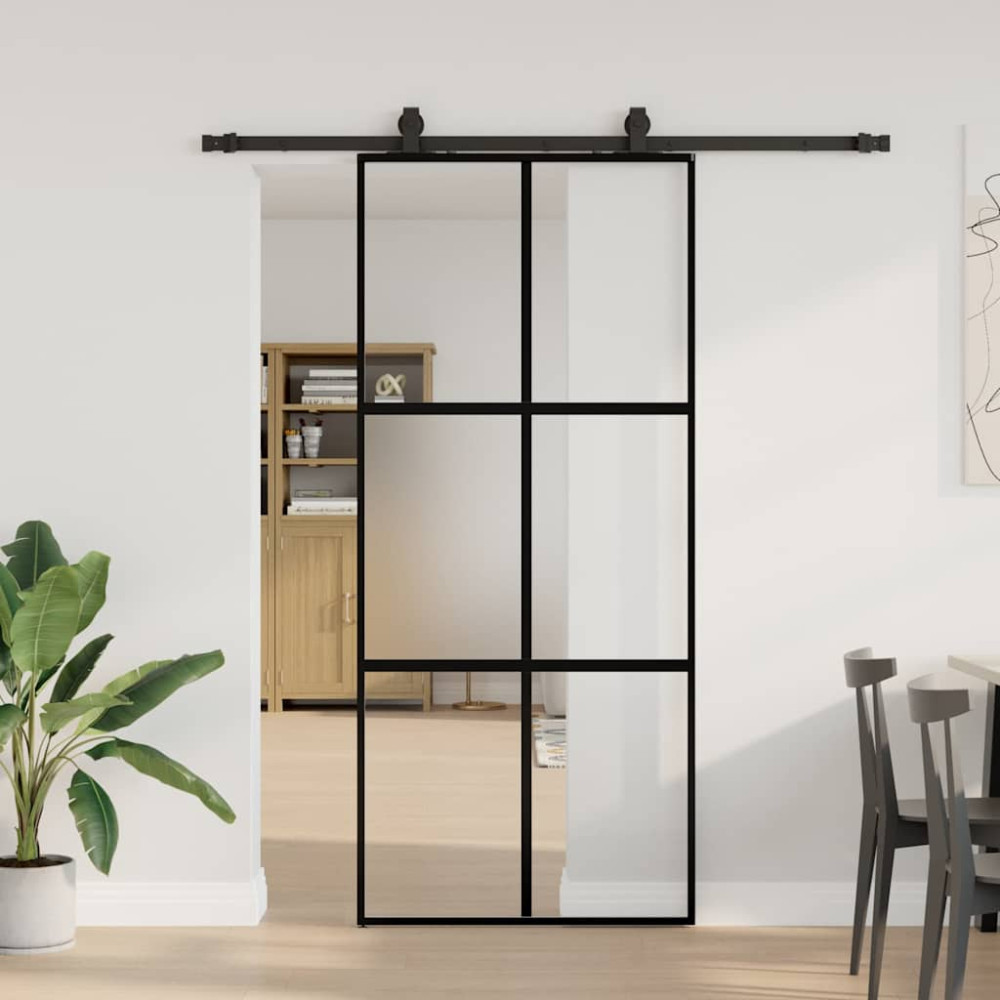Produktbild för Skjutdörr med beslagssats svart 90x205 cm härdat glas