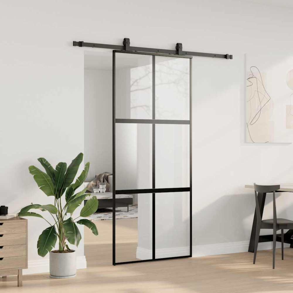 Produktbild för Skjutdörr med beslagssats svart 90x205 cm härdat glas