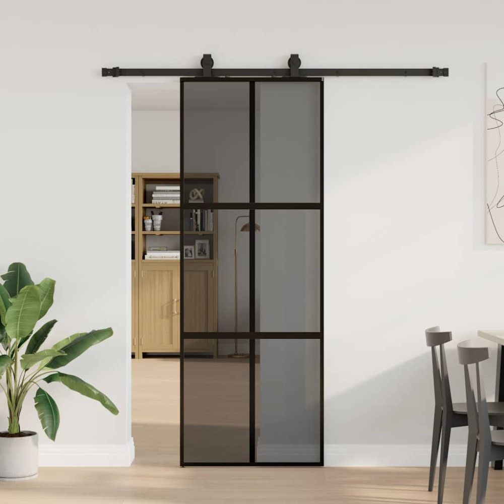 Produktbild för Skjutdörr med beslag svart 76x205 cm härdat glas