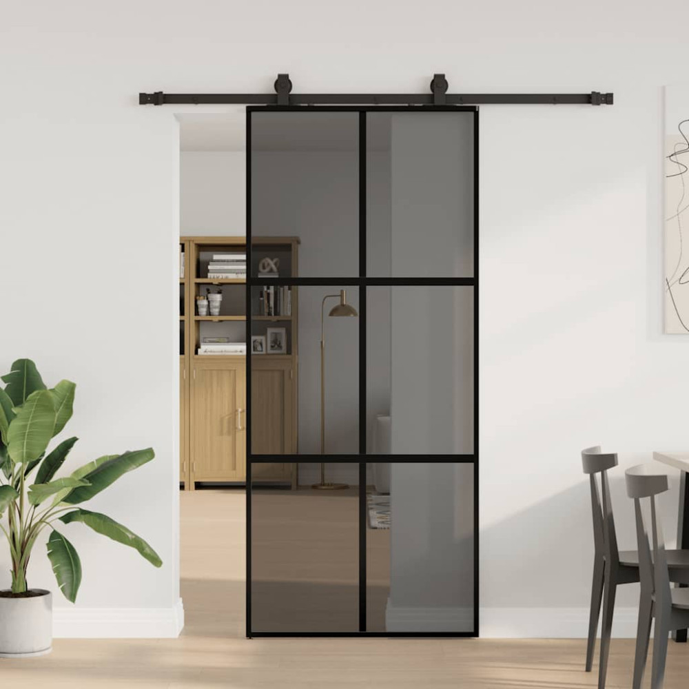Produktbild för Skjutdörr med beslagssats svart 90x205 cm härdat glas