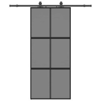 Produktbild för Skjutdörr med beslagssats svart 90x205 cm härdat glas