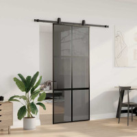 Produktbild för Skjutdörr med beslagssats svart 90x205 cm härdat glas