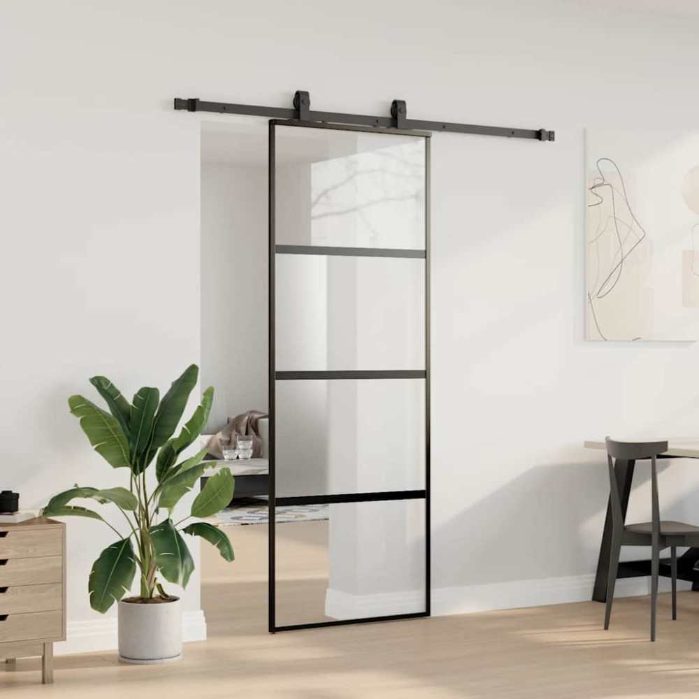 Produktbild för Skjutdörr med beslag svart 76x205 cm härdat glas