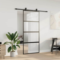 Produktbild för Skjutdörr med beslagssats svart 90x205 cm härdat glas