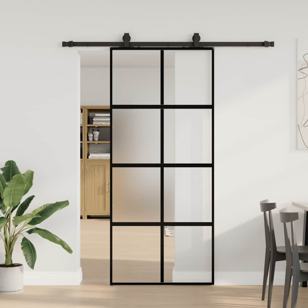 Produktbild för Skjutdörr med beslagssats svart 90x205 cm härdat glas