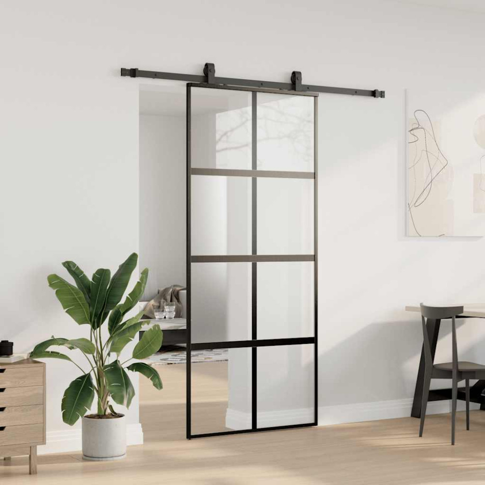 Produktbild för Skjutdörr med beslagssats svart 90x205 cm härdat glas