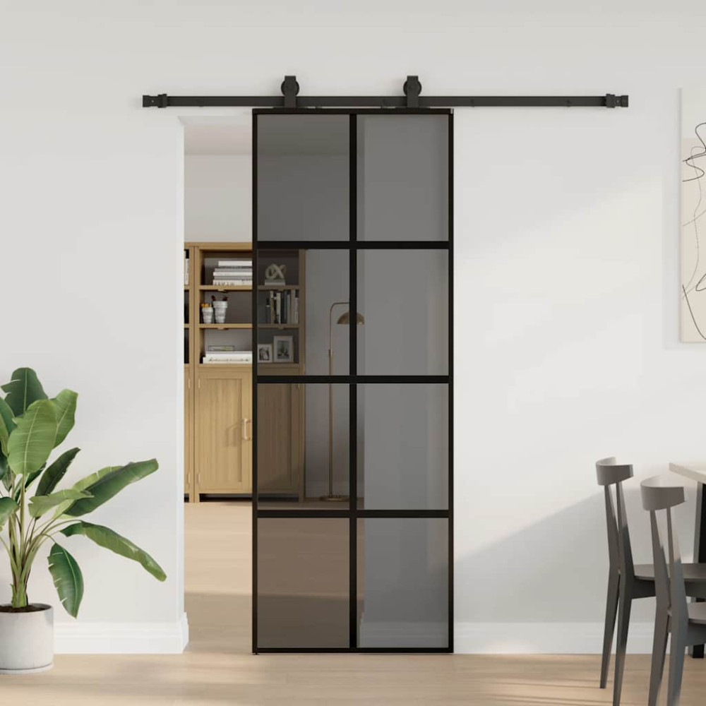 Produktbild för Skjutdörr med beslag svart 76x205 cm härdat glas