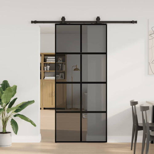 vidaXL Skjutdörr med beslagssats svart 90x205 cm härdat glas