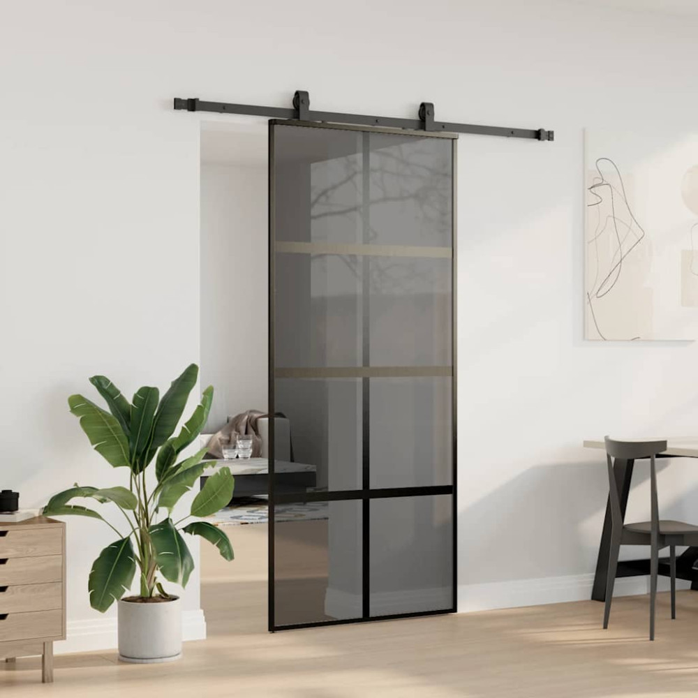 Produktbild för Skjutdörr med beslagssats svart 90x205 cm härdat glas