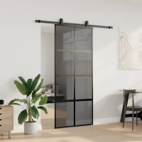 Produktbild för Skjutdörr med beslagssats svart 90x205 cm härdat glas