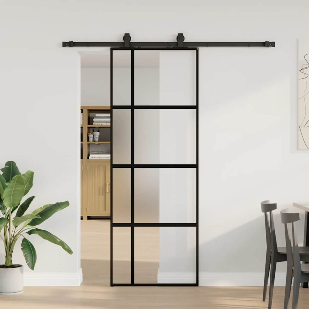 Produktbild för Skjutdörr med beslag svart 76x205 cm härdat glas