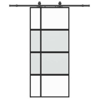 Produktbild för Skjutdörr med beslagssats svart 90x205 cm härdat glas
