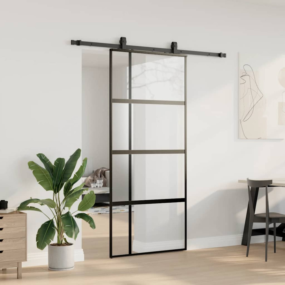 Produktbild för Skjutdörr med beslagssats svart 90x205 cm härdat glas