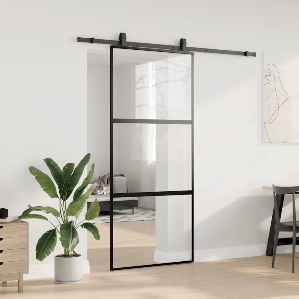 Produktbild för Skjutdörr med beslagssats svart 90x205 cm härdat glas