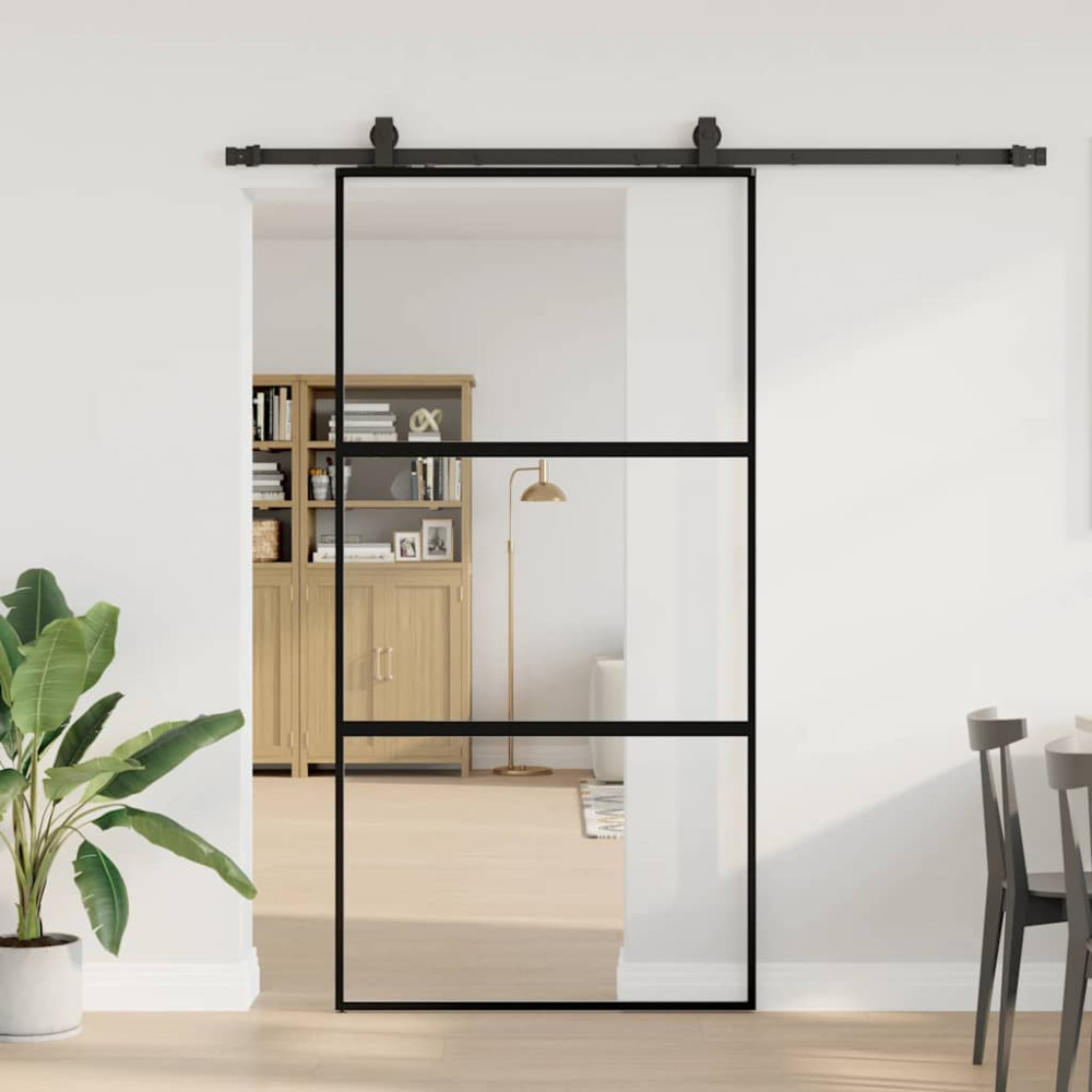 Produktbild för Skjutdörr med beslag svart 102,5x205 cm härdat glas