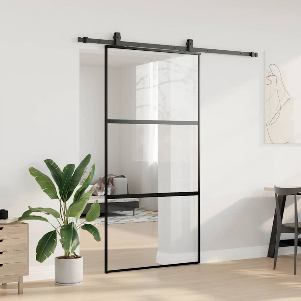Produktbild för Skjutdörr med beslag svart 102,5x205 cm härdat glas