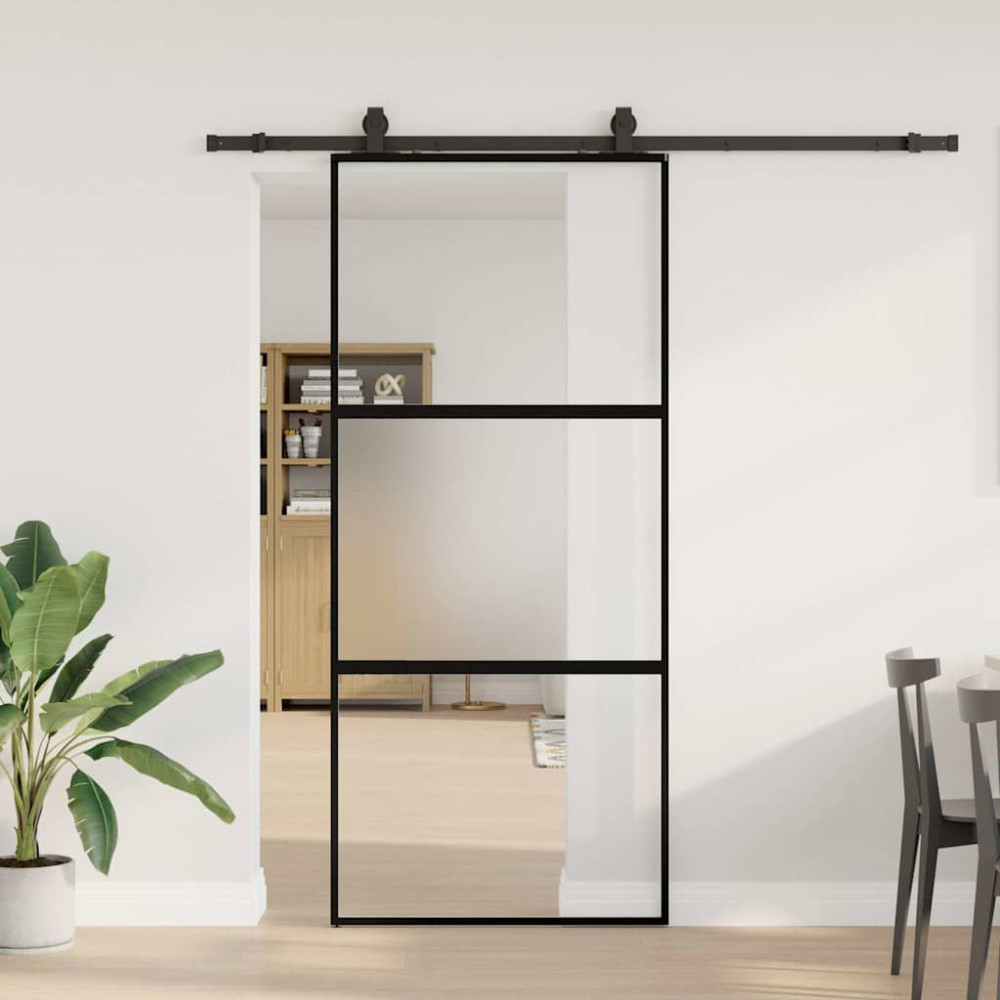 Produktbild för Skjutdörr med beslagssats svart 90x205 cm härdat glas