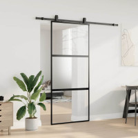 Produktbild för Skjutdörr med beslagssats svart 90x205 cm härdat glas