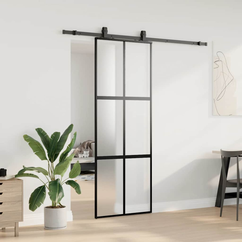 Produktbild för Skjutdörr med beslag svart 76x205 cm härdat glas