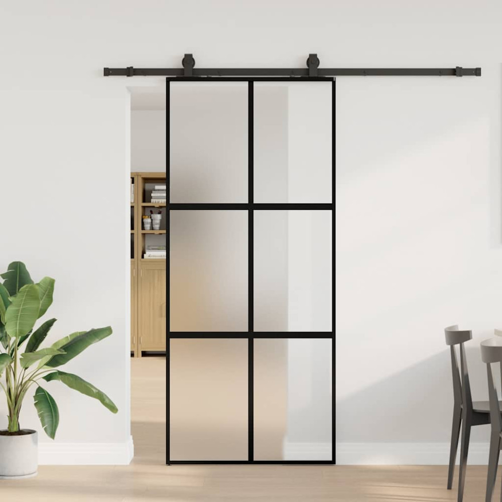 Produktbild för Skjutdörr med beslagssats svart 90x205 cm härdat glas