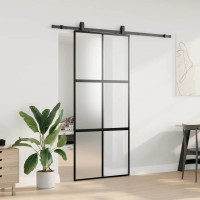 Produktbild för Skjutdörr med beslagssats svart 90x205 cm härdat glas