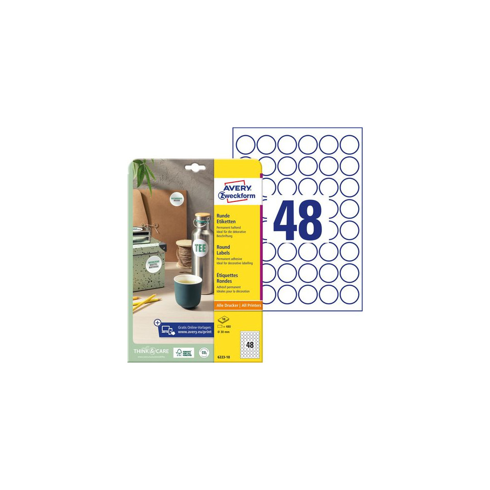 Produktbild för Etikett AVERY papper Ø30mm vit 480/fp