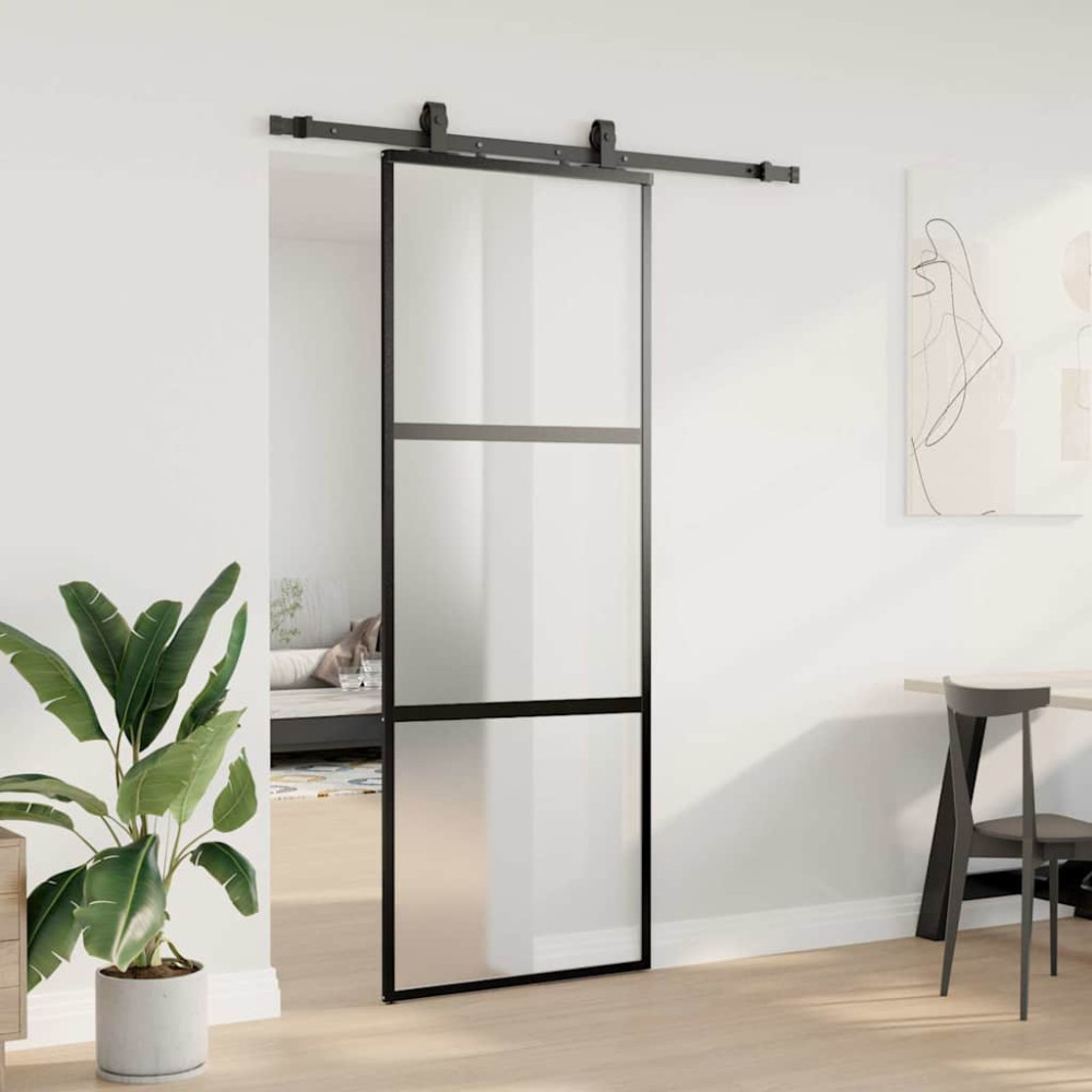 Produktbild för Skjutdörr med beslag svart 76x205 cm härdat glas