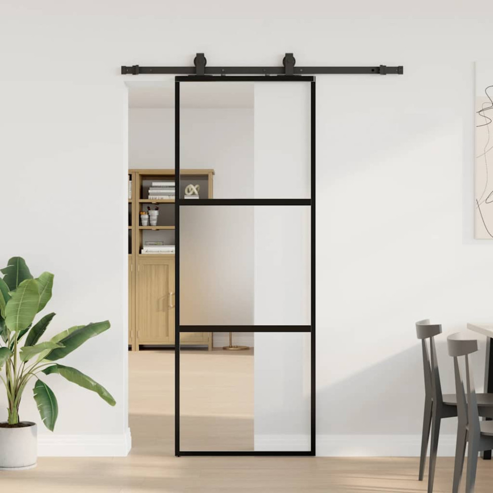 Produktbild för Skjutdörr med beslag svart 76x205 cm härdat glas