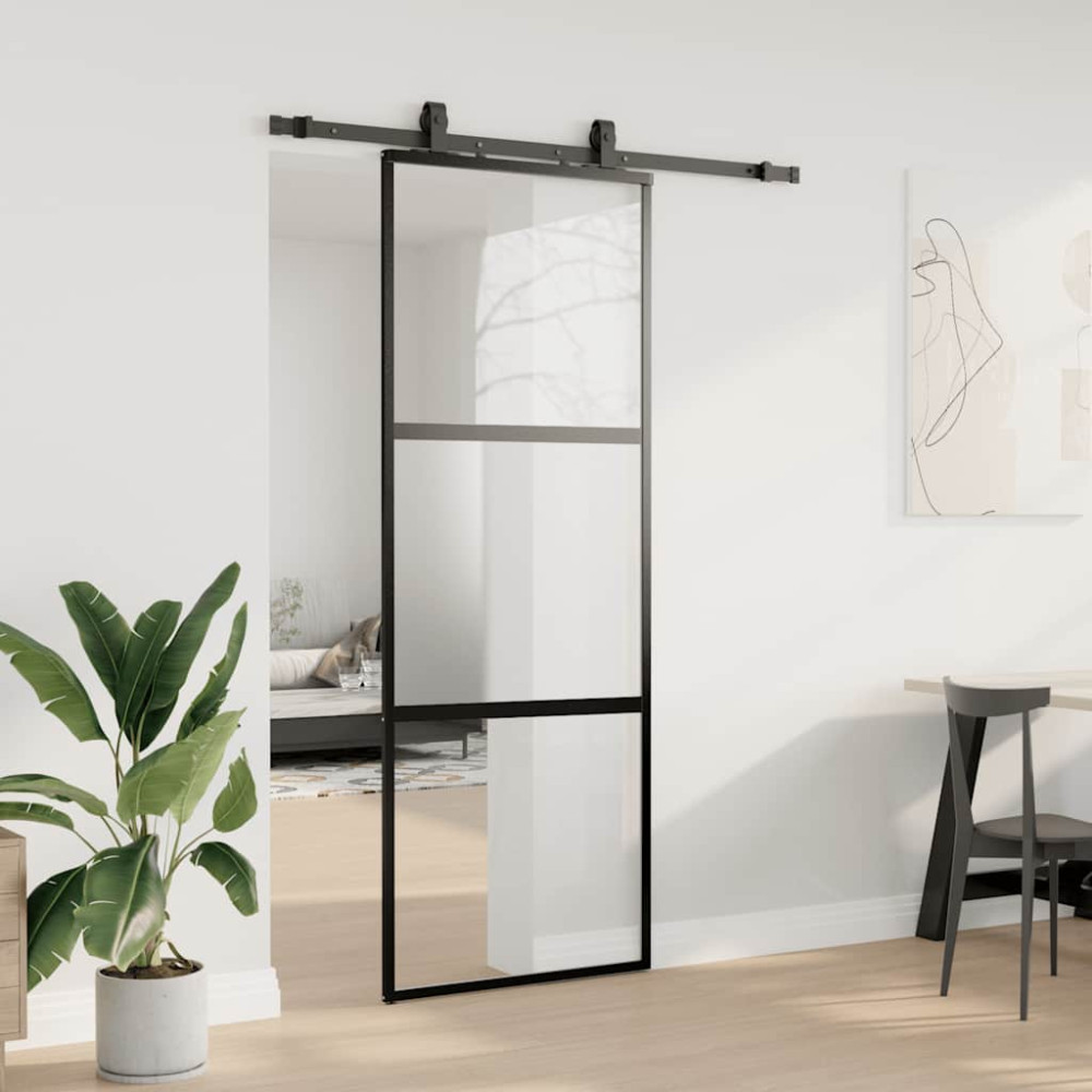Produktbild för Skjutdörr med beslag svart 76x205 cm härdat glas