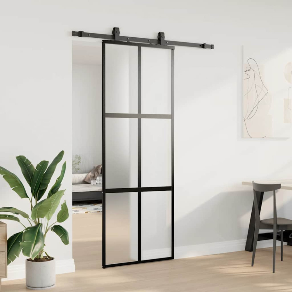Produktbild för Skjutdörr med beslag svart 76x205 cm härdat glas
