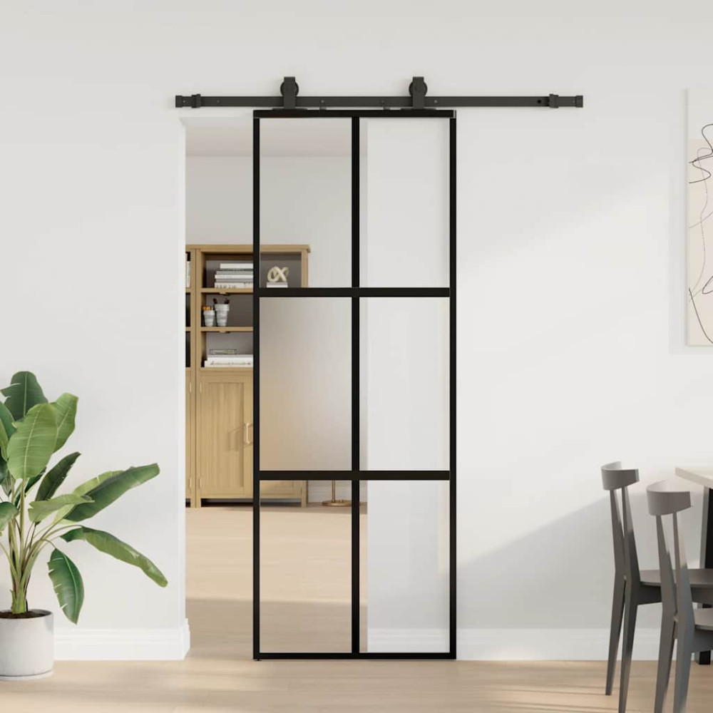 Produktbild för Skjutdörr med beslag svart 76x205 cm härdat glas