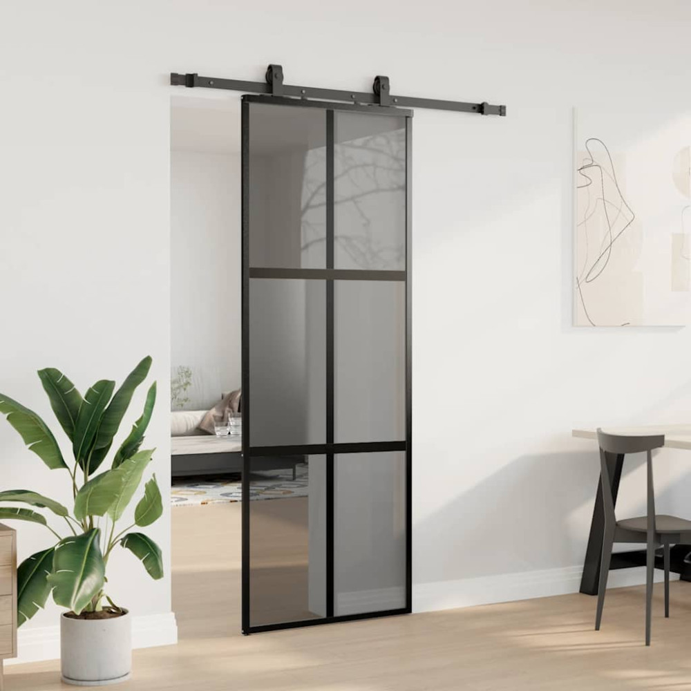 Produktbild för Skjutdörr med beslag svart 76x205 cm härdat glas