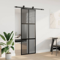 Produktbild för Skjutdörr med beslag svart 76x205 cm härdat glas