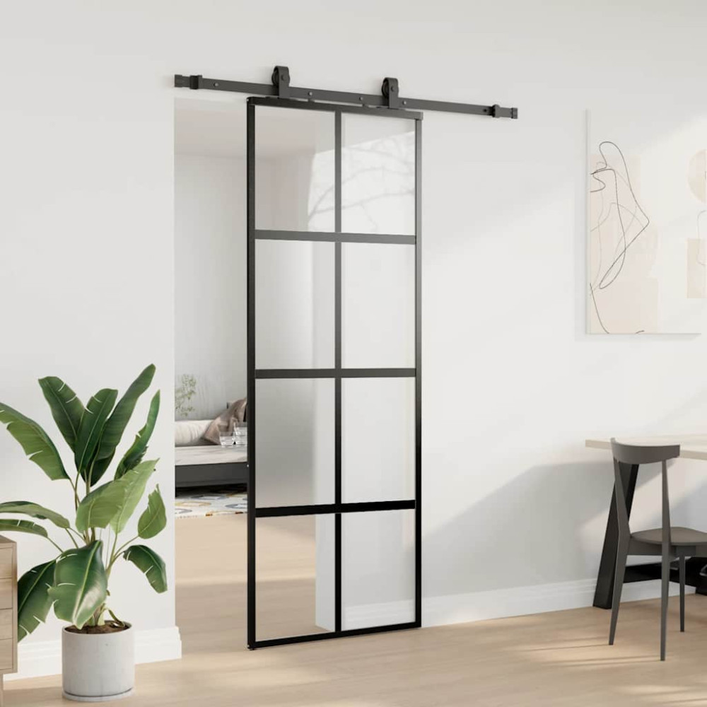 Produktbild för Skjutdörr med beslag svart 76x205 cm härdat glas
