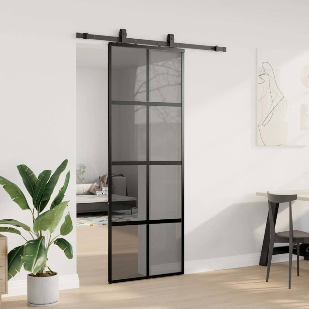 Produktbild för Skjutdörr med beslag svart 76x205 cm härdat glas