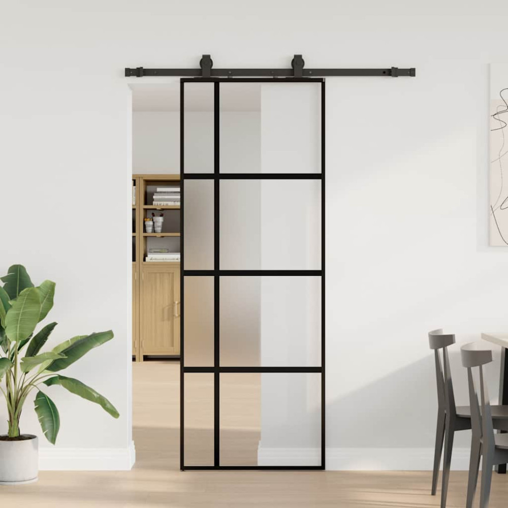 Produktbild för Skjutdörr med beslag svart 76x205 cm härdat glas