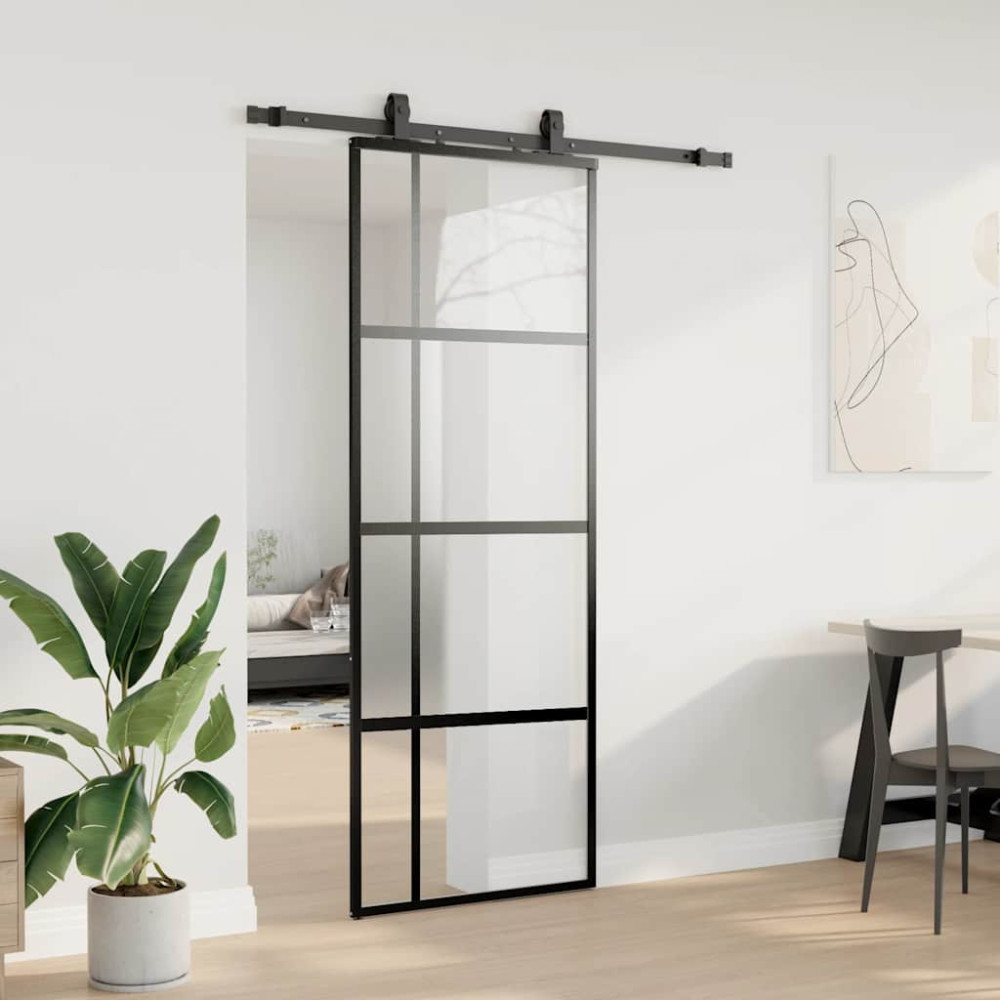 Produktbild för Skjutdörr med beslag svart 76x205 cm härdat glas
