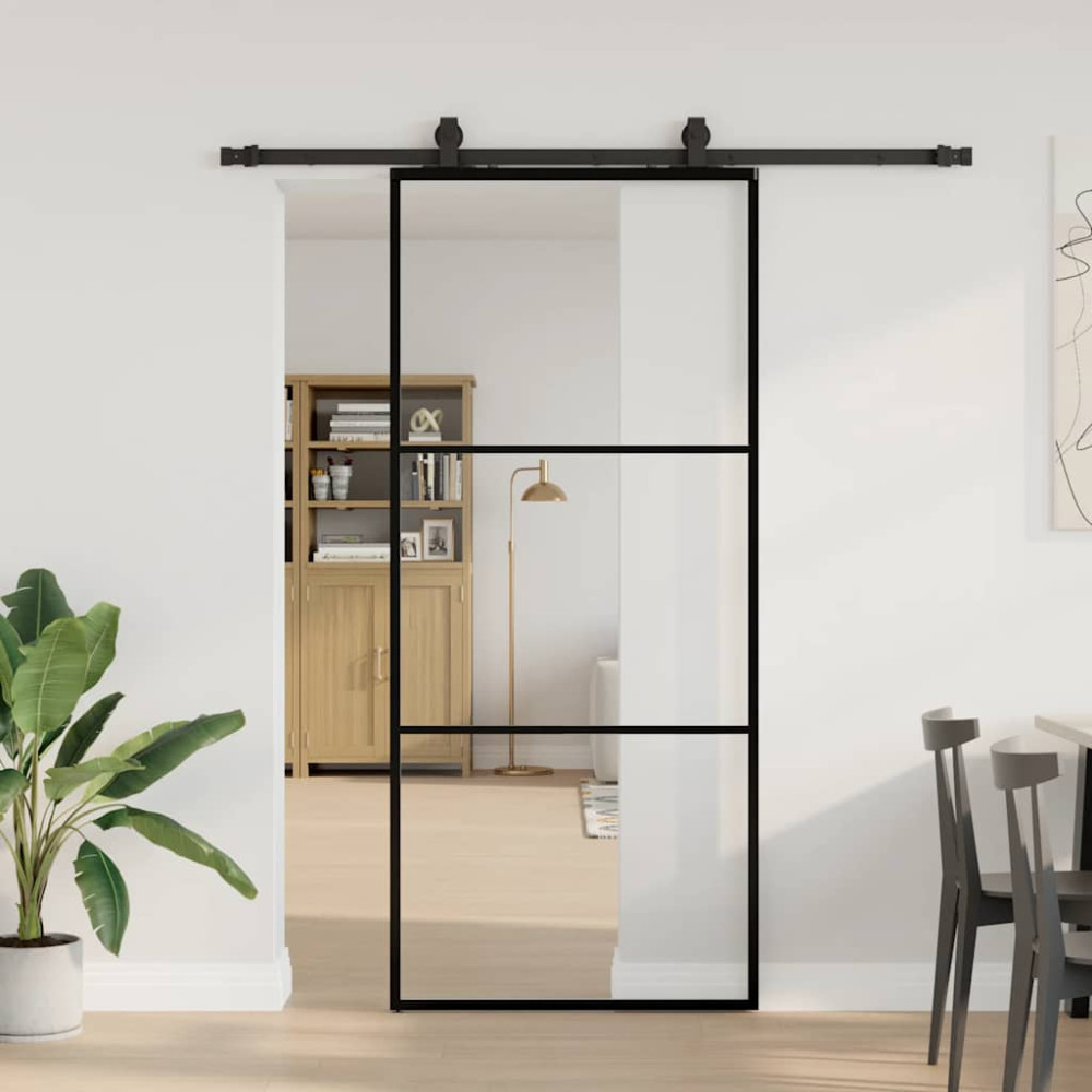 Produktbild för Skjutdörr med beslag svart 90x205 cm ESG-glas